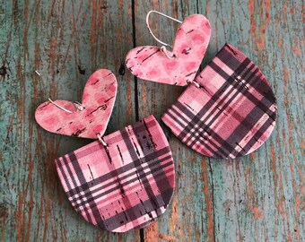 Pink and gray plaid D-shape earrings, Pink Leopard leather backed cork  heart, Valentine’s Day