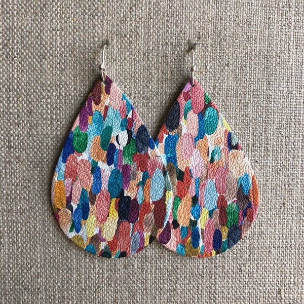 Confetti earrings, teardrop earrings, leather, multi colored