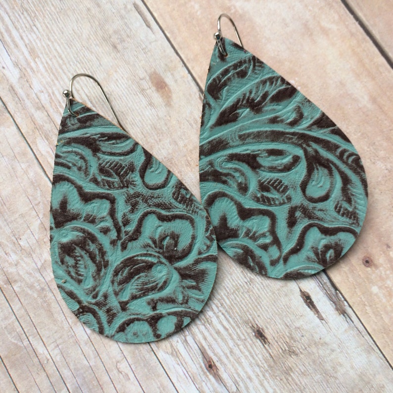 Teardrop leather earrings, aqua embossed leather teardrop earrings, aqua embossed leather earrings image 3