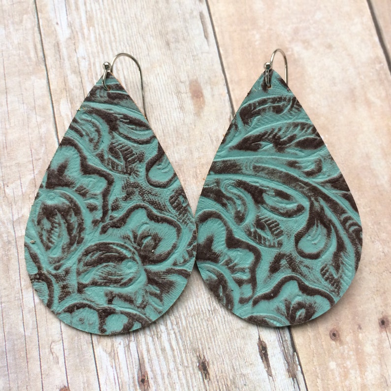 Teardrop leather earrings, aqua embossed leather teardrop earrings, aqua embossed leather earrings image 4