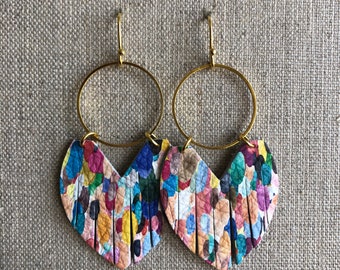 Confetti leather fringe with gold tone ring earrings, multi colored, spring, fun, festive