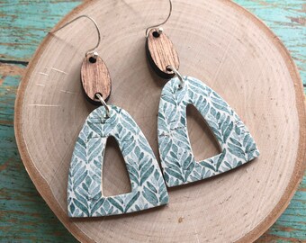 Triangle shape leather backed cork earrings with wood accent, green