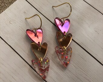 Heart acrylic earrings, pink mirrored acrylic heart, confetti, three linking hearts, Valentine’s Day