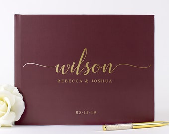 Wedding Guest Book Purple and Gold, Rustic Wine Wedding Guestbook, Classic Custom Plum Wedding Signature Book, Gold Foil Guestbook Idea