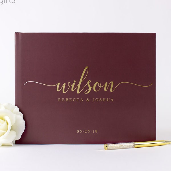 Wedding Guest Book, Gold Foil Burgundy Guestbook, Maroon Wedding Sign in Book, Custom Guest Book Personalized Photo Book Bridal Shower Gift