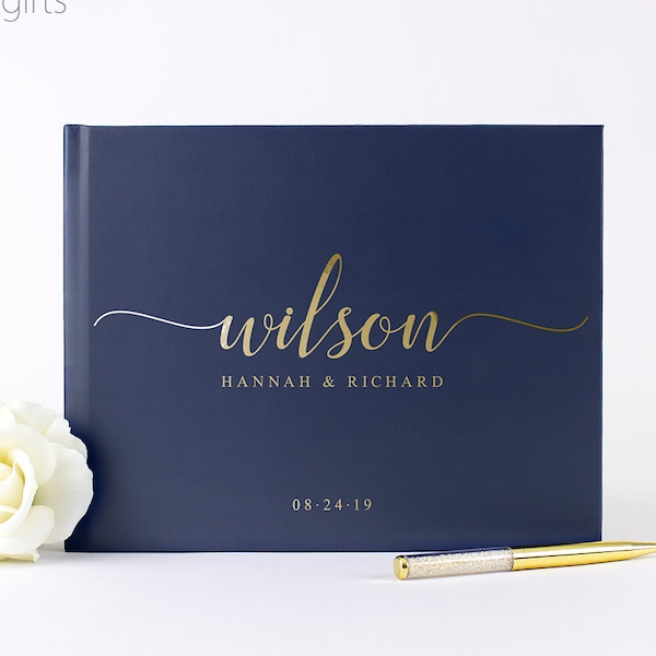 Libro de visitas de oro, Libro de visitas de boda con láminas de oro, Libro de inicio de sesión personalizado, Libro de bodas azul marino Regalo de despedida de soltera, Tapa dura personalizada