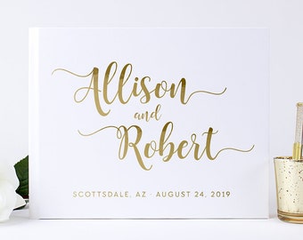 Wedding Guest Book Wedding Guestbook, Custom Guest Book Personalized Sign In Book, Horizontal Hardcover Photo Booth, White and Gold Wedding