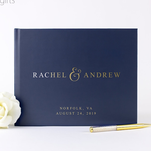 Navy Wedding Guest Book, Blue Guestbook, Gold Foil Guest Book for Wedding Sign in Book, Landscape Custom Alternative Guest Book
