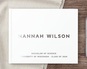 Graduation Guest Book Personalized College Graduation Photo Album Signature Book for Graduating Class, White Silver Foil