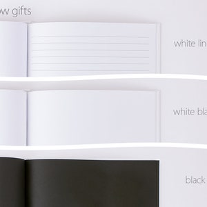 May include: Three open notebooks with different cover colors and page styles. The top notebook has a white cover and lined pages. The middle notebook has a white cover and blank pages. The bottom notebook has a black cover and blank pages. The text "willow gifts" is at the top of the image. The text "white lined", "white blank", and "black" are to the right of each notebook.