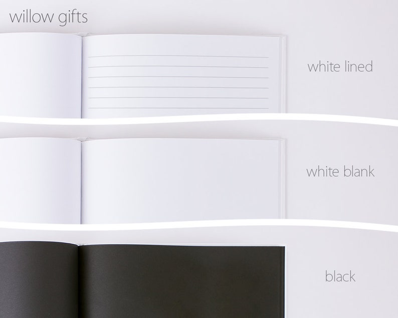 May include: Three open notebooks with different cover colors and page styles. The top notebook has a white cover and lined pages. The middle notebook has a white cover and blank pages. The bottom notebook has a black cover and blank pages. The text "willow gifts" is at the top of the image. The text "white lined", "white blank", and "black" are to the right of each notebook.