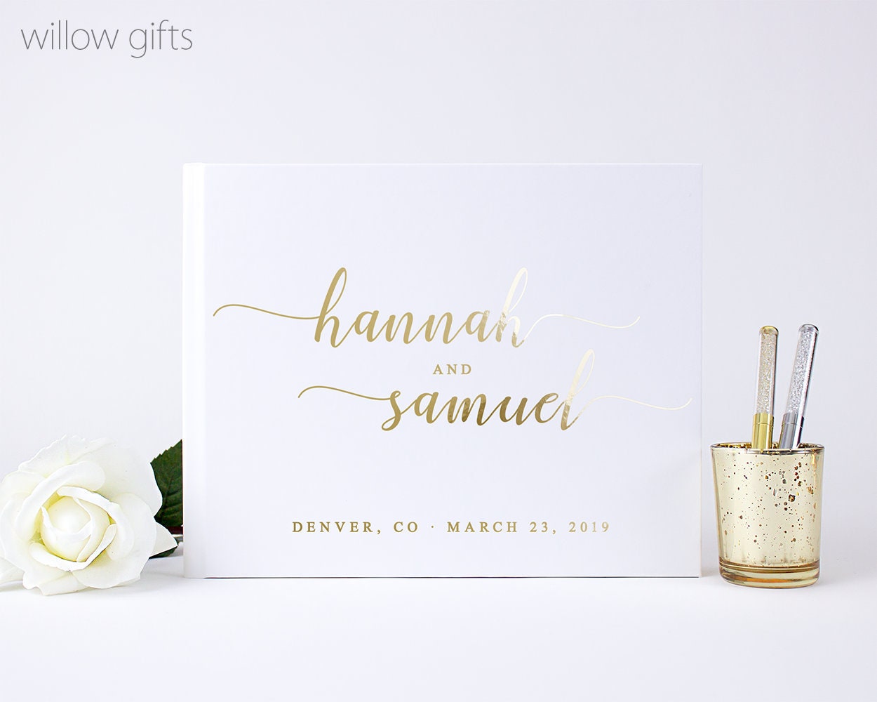 Wedding Guest Book White and Gold Foil, Modern Guestbook, Personalized Guest Book Ideas for Wedding Reception, Custom Wedding Photo Album