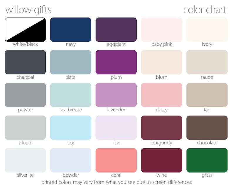May include: Color chart with 20 different color swatches. The colors are labeled with names like white/black, navy, eggplant, baby pink, ivory, charcoal, slate, plum, blush, taupe, pewter, sea breeze, lavender, dusty, tan, cloud, sky, lilac, burgundy, chocolate, silverlite, powder, coral, wine, and grass.