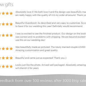 May include: Five-star reviews for a wedding guestbook with over 500 reviews and 3000 Etsy sales. The reviews highlight the quality, customization, and ease of use of the guestbook.