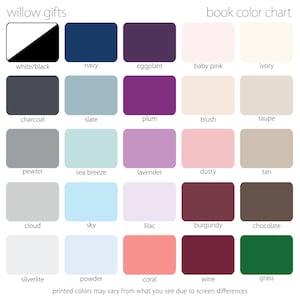 Pode incluir: Carta de cores com 20 amostras de cores diferentes, etiquetadas com nomes como "branco/preto", "azul marinho", "berinjela", "rosa beb&ecirc;", "marfim", "carv&atilde;o", "ard&oacute;sia", "ameixa", "blush", "cinza", "estanho", "brisa marinha", "lavanda", "empoeirado", "bronzeado", "nuvem", "c&eacute;u", "lil&aacute;s", "bord&ocirc;", "chocolate", "prateado", "p&oacute;", "coral", "vinho", e "grama". A carta &eacute; intitulada "willow gifts book color chart".