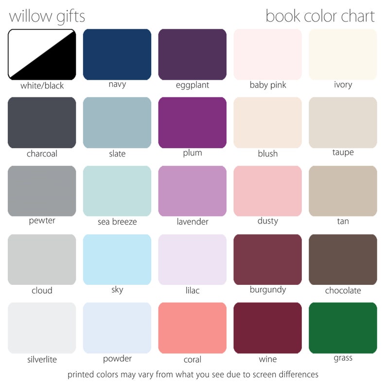 Pode incluir: Carta de cores com 20 amostras de cores diferentes, etiquetadas com nomes como "branco/preto", "azul marinho", "berinjela", "rosa beb&ecirc;", "marfim", "carv&atilde;o", "ard&oacute;sia", "ameixa", "blush", "cinza", "estanho", "brisa marinha", "lavanda", "empoeirado", "bronzeado", "nuvem", "c&eacute;u", "lil&aacute;s", "bord&ocirc;", "chocolate", "prateado", "p&oacute;", "coral", "vinho", e "grama". A carta &eacute; intitulada "willow gifts book color chart".
