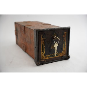 Antique Metal Lock Box with Key Safety Deposit Copper Rectangular Storage