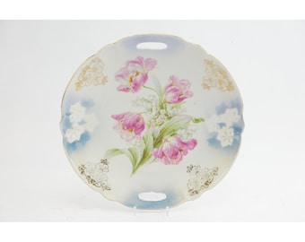 Vintage Made in Germany Porcelain Cake Plate Pink Tulips Floral Gold Trim 10 EUC