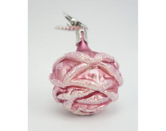 Vintage Christmas Ornament Pink Rose Bud Blown Glass Glitter Clip On EUC