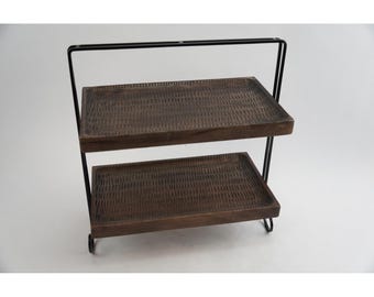 Rustic 2 Tier Serving Tray Home Decor Brown Wood Metal Frame Excellent 15" Tall