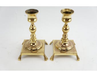 Vintage Brass Candlestick 2pc Set 5 1/2" Gold Square Footed Base Pair Good