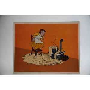 May include: A cartoon illustration depicts a woman in a yellow dress and white apron, standing on a chair and looking shocked. A black stove with overflowing contents is in the foreground, with a brown background and a brown floor.