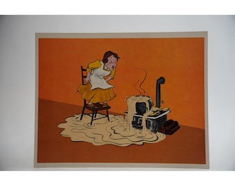 Póster de Cooper Films "The Magic Pot" (La olla mágica) con impresión artística, 12,5 x 10 pulgadas, color naranja, estilo vintage de 1971.