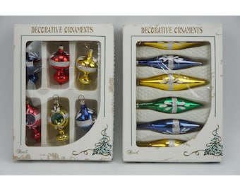 Vintage Rauch Christmas Ornaments Glass Teardrop Spindle Glitter 12pc Set VGC