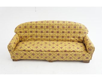 Miniature Dollhouse Couch Sofa Yellow Geometric Pattern Vintage VGC 13"