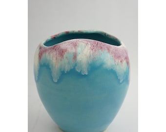 EUC RRP Co Roseville Pottery Vase Turquoise Blue Purple Pink Gloss Drip Glaze 8"