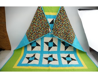 Piecemakers by the Bay Quilt 47x48 Green Blue Star Dot Cotton Excellent