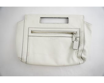 Coach Leather Cutout Handle Clutch Bag Womens White Zipper Pocket Fair