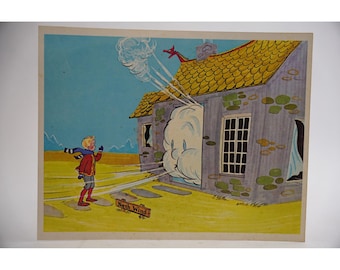 Póster ilustrado infantil de Cooper Films, 12.5x10 pulgadas, Viento del Norte, 1970, estilo vintage.