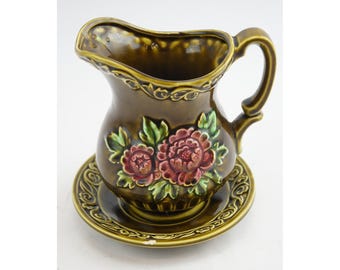 Enesco MCM Pitcher + Basin Bowl Set Brown Floral Embossed Japan Good