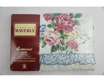 Vintage Fieldcrest Waverly Flat Sheet Queen Floral Belle Rive Ruffle Percale New