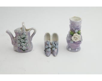 EUC German Lusterware Porcelain Set Purple Iridescent Floral Shoes Pitcher Vase