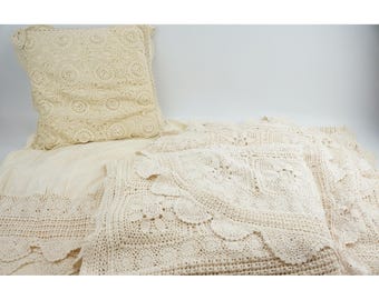 L. Kee & Co Bedding Set Cream Hand Crochet Lace Cotton Vintage 1987 Good