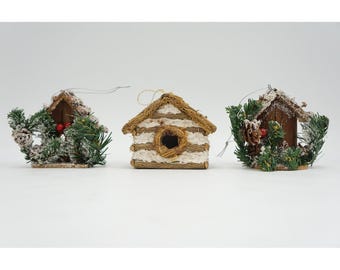 Vintage Woodland Birdhouse Ornaments Set of 3 Wood Rustic Log Cabin VGC