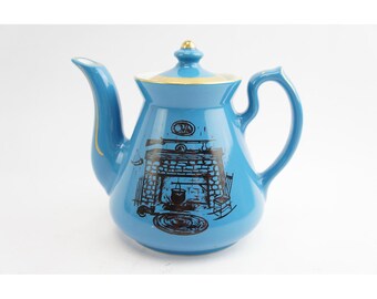 Hall Teapot Blue Gold Colonial Fireplace Hearth 6 Cup Ceramic 0066 Good
