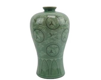 Vintage Celadon Crane Vase Korean Style Porcelain Ceramic Decorative 9.5" Tall