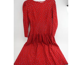 Lanz Originals Dress Sz 6 Red Floral Corduroy Long Sleeve Pleated Vintage 1980s