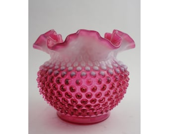 Fenton Hobnail Vase Art Glass Pink Cranberry Opalescent Ruffled Rim Excellent