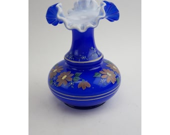 EUC Fenton Glass Vase Cobalt Blue Hand Painted Floral Ruffled Signed 6"