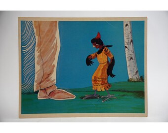 Tarjeta ilustrada de Cooper Films "El primer pájaro carpintero" de 12,5 x 10 pulgadas, estilo vintage de 1970.