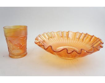 Northwood Glass Carnival Ruffled Glass Bowl & Cattails Tumbler Set Marigold EUC