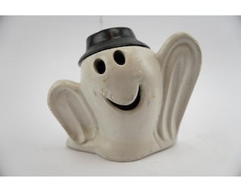 Vintage 1983 Allen Ceramic Ghost Figurine with Top Hat Halloween Decor Lantern