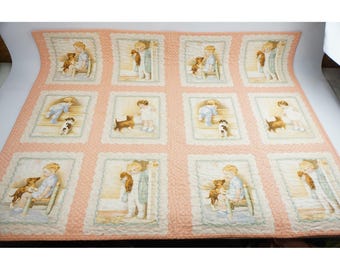 Bessie Pease Handmade Baby Quilt 43x35 Peach Pink Puppy Dog Floral Excellent