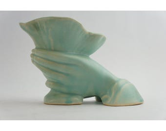 VGC Vintage Pottery Hand Holding Cornucopia Shell Planter Turquoise Ceramic