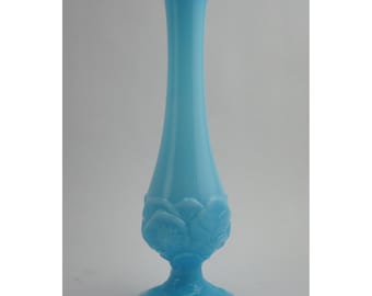 Fenton Blue Slag Glass Bud Vase Vintage Water Lily Floral Ruffled Rim EUC 10"