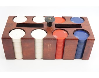 FC Vintage Wood Poker Chip Caddy Bakelite Red White Blue Interlocking Chips